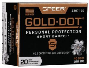 Speer 40 S&W 180gr GDHP-SB Gold Dot Short Barrel Personal Protection Ammo - 20rd